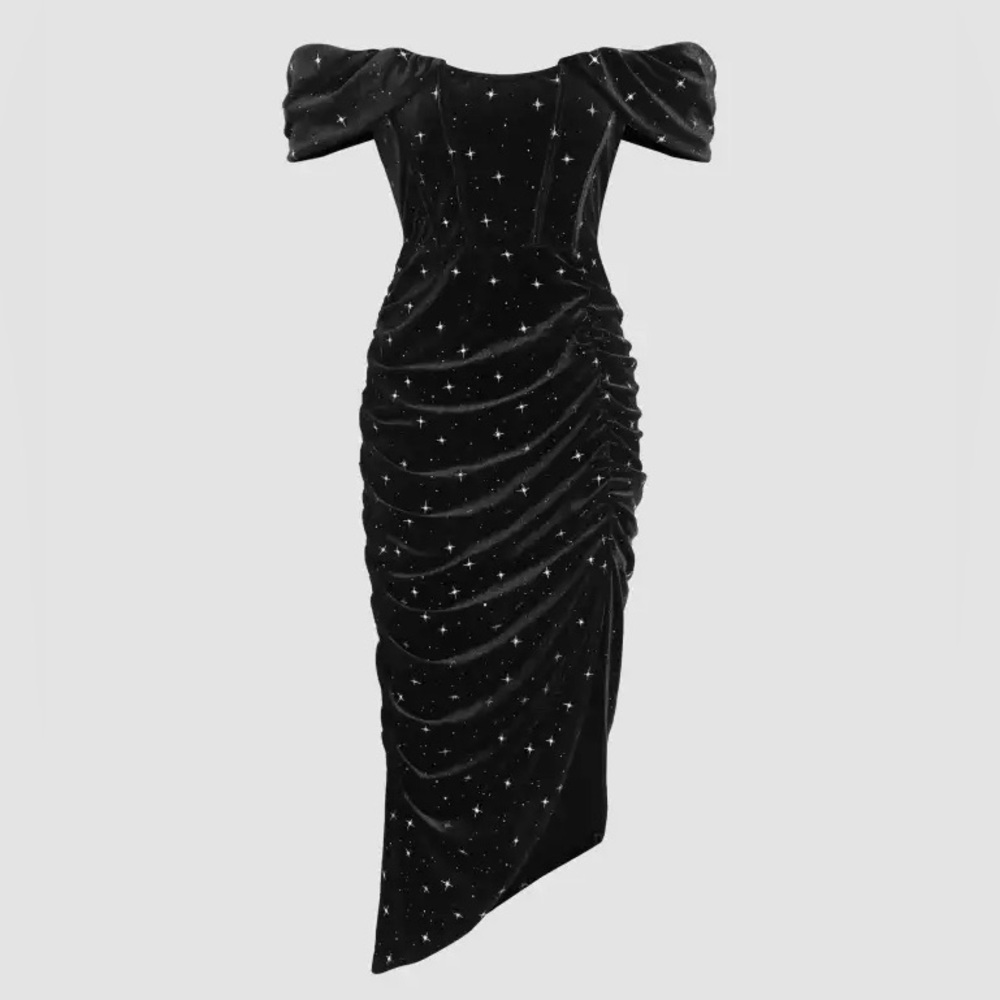 ✨ CIDER Celestial Black Velvet Star Corset Off Shoulder Draped Dress